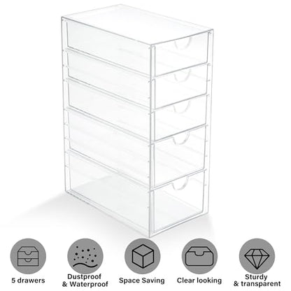 Prsildan Hair Accessories Organizer Acrylic Drawer with 5 Small Drawers | Clear, For Bathroom Vanity Office Desk, Jewelry Makeup Storage - style: 5 Drawers