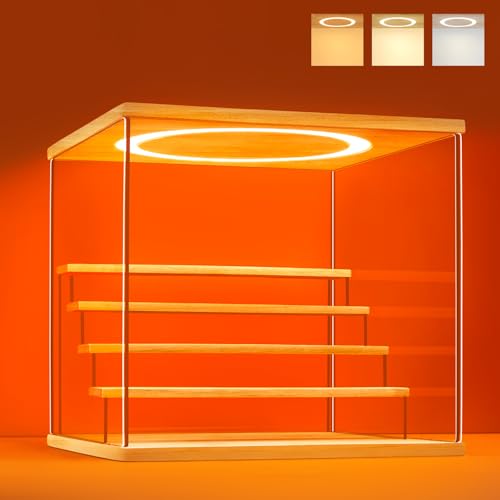 Acrylic Display Case with Adjustable LED Light, 5 Tier Clear Display Box Dustproof Showcase for Action Figures, Collectibles and Mini Toys, Assembly Display Cabinet(Wood 12.5×12.2×11.8in) - color: Wood, size: 5 Tier 12.5×12.2×11.8in