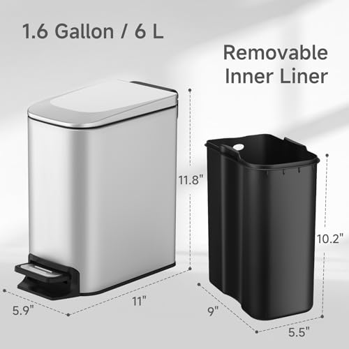 TIPGO Slim Bathroom Trash Can with Lid Soft Close, Step Pedal, 6 Liter / 1.6 Gallon Stainless Steel Garbage Can with Removable Inner Bucket, Anti-Fingerprint Finish (Silver) - color: Silver