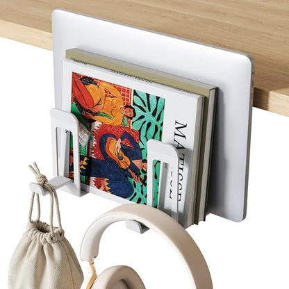 PEGZONE Laptop Stand Vertical, 2-Slot Under Desk Laptop Holder, White | Desk Side Storage with Headphone Holder, Laptop Organizer for Office Gaming - color: White