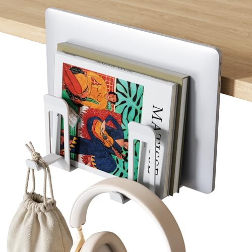 PEGZONE Laptop Stand Vertical, 2-Slot Under Desk Laptop Holder, White | Desk Side Storage with Headphone Holder, Laptop Organizer for Office Gaming - color: White