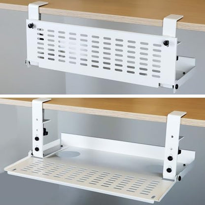 AEONS Universal Under Desk Cable Management Tray-Clamp Mount Hinged Swing Modesty Panel Organizer for Office Desks Easy Access Flip-Down position Power Strip Cord Storage No-Drill 25 lb Capacity White - style: 16" Swing, White