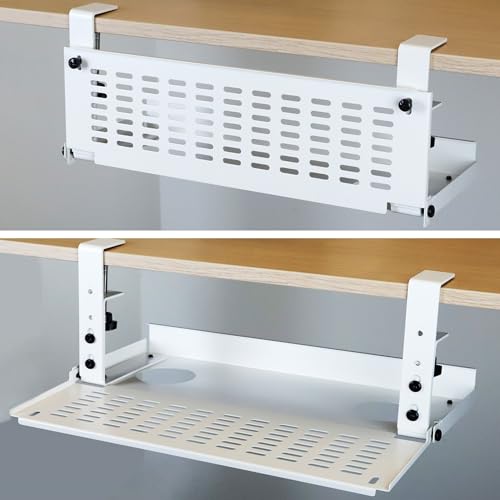 AEONS Universal Under Desk Cable Management Tray-Clamp Mount Hinged Swing Modesty Panel Organizer for Office Desks Easy Access Flip-Down position Power Strip Cord Storage No-Drill 25 lb Capacity White - style: 16" Swing, White