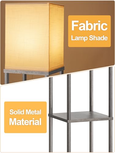 Floor Lamp with Shelves for Living Room 2 Pack Oak Gray, Shelf Floor Lamp with 3 CCT LED Bulb, Corner Display Standing Column Lamp Etagere Organizer Tower Nightstand with White Linen Shade for Bedroom - color: Oak Grey