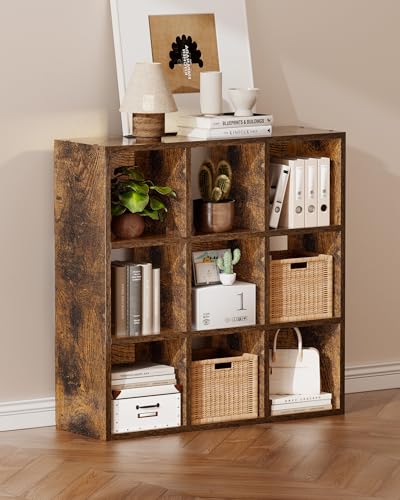 GTPLAYER 9-Cube Storage Organizer, Fits 11" Bins, Vertical or Horizontal Use, Opening Bookshelf, Partial Back Panels, Stackable Design Bookcase, for Living Room, Media Console, Hallway, Rustic Brown - color: 9 Cube - Rustic Brown