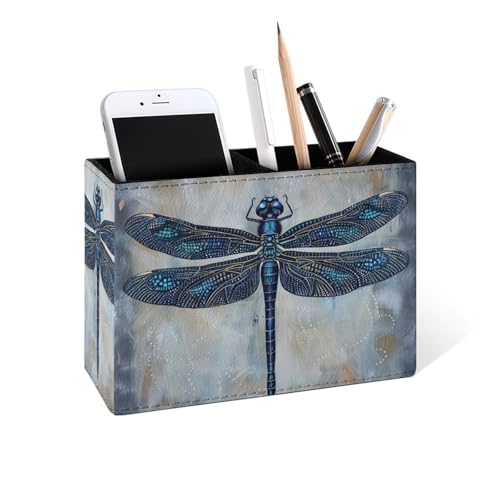 Famame Blue Ethnic Dragonfly Pencil Holder for Desk, Leather Desktop Container Pen Cup Storage Study Table Pen Organizer Makeup Brush Holder for Classroom Office Home - color: Blue Ethnic Dragonfly