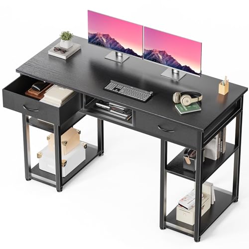 DUMOS 48" Small Computer Home Office Desk for Bedroom with Drawers, Gaming Writing Study Table with Storage Shelf, Adjustable Feet, Compact Desk for Gaming and Home Office Use, Metal Frame Black - color: Black, size: 48-In