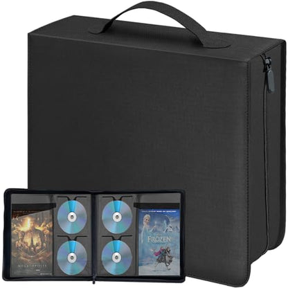 CD DVD Storage Binder with Handles - Holds 200 Discs & 100 Booklet Pockets, PU Leather Cover for Blu-ray Movies, Music CDs, Audio Disks, Portable Media Organizer - size: 200 cd case