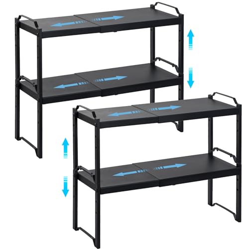4 Pack Kitchen Cabinet Shelves Organizers, Kitchen Counter Storage Shelf Spice Rack, Expandable Length, Adjustable Height, Stackable, Sturdy 30LBS Bearing, Small Cupboard Tabletop Organizer Shelf Rack - color: Black, size: 4 Pack: 12.6"-20.5"L
