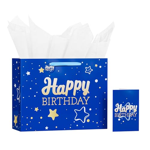 Powbrace 13" Blue Happy Birthday Gift Bag with Tissue Paper and Greeting Card for Party,Happy Birthday Gift Bag for Men Women,Gift Bags Medium size(1 PCS Blue Hot Stamping) - color: 1 PCS Blue Hot Stamping, size: 1 count (Pack of 1)