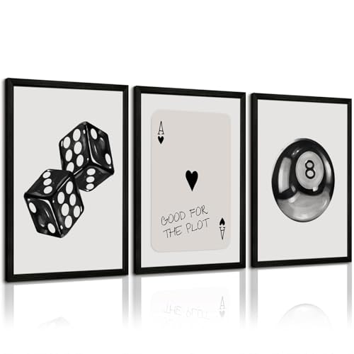 Black White Aesthetic Wall Art Decor 8 Ball Canvas Poster Y2k Cool Dice Pictures Black White Room Decor Trendy Poker Poster Prints Retro Painting Artwork for Apartment Dorm 16x24 Inch Wood Framed 3Pcs - color: 8 Ball Prints, size: 16x24 Inch Framed