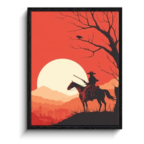 WOXZQ Western Cowboy Wall Art Cowboy Rider Matte Finish Framed Print Red Sunset Silhouette Poster Rustic Southwestern Wall Decor for gaming room gamer gift Red Dead Redemption Merch 12x16 inch - color: Crimson ridge rider 2