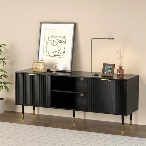 58'' Fluted TV Stand, Mid-Century Modern TV Console for 65/70/75 Inch TV, Wood Entertainment Center with Storage, Sliding Doors, Adjustable Shelves and Media Console for Living Room, Bedroom, Black - color: Black, size: 57.8"