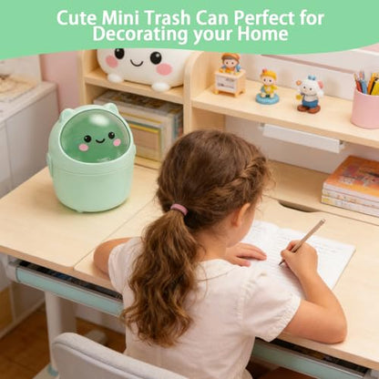 Mini Trash Can, Cute Small Trash Can with Lid, Desktop Paper Bin with 5 Rolls of Bin Liners, Portable Tabletop Dustbin, Cartoon Animal Rubbish Storage for Office Bedroom Desk Kitchen(Green) - color: Green