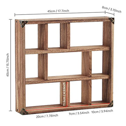 17.7x15.7-Inch Shadow Box Shelf 9-Slot Rustic Wood Floating Shelves Larger Shelf Lightweight Solid Wood Display(Set of 2,9C-Brown) - color: 9c-brown, size: 2 PCS
