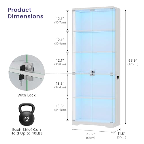 TAGELIER 69" Tall Display Cabinet with Glass Doors, RGB Lights | 5-Tier Shelves, Modern Locking Wooden Display Case for Collectibles, Figures, Books, Human Sensor, White - color: White