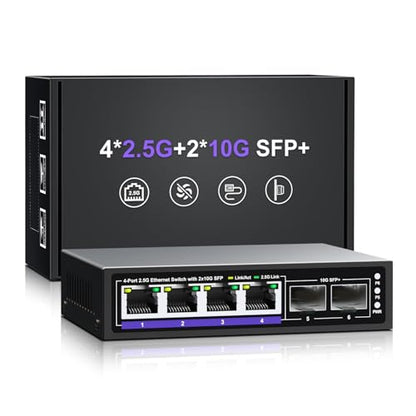 6 Port 2.5G Unmanaged Ethernet Switch, 4 x 2.5G Base-T Ports, 2 x 10G SFP+, Compatible with 100/1000/2500Mbps, Metal Fanless, Desktop/Wall Mount NICGIGA 2.5Gbe Network Switch for Wireless AP, NAS, PC