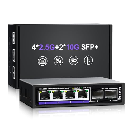 6 Port 2.5G Unmanaged Ethernet Switch, 4 x 2.5G Base-T Ports, 2 x 10G SFP+, Compatible with 100/1000/2500Mbps, Metal Fanless, Desktop/Wall Mount NICGIGA 2.5Gbe Network Switch for Wireless AP, NAS, PC