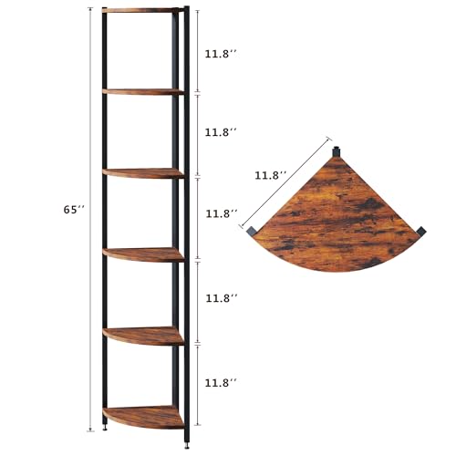 Corner Shelf with LED Lights, 6-Tier Corner Bookshelf, 66'' Organizer Book Shelf Shelves Steel Frame Display Stand with Living Room, Bedroom, Study, Rustic Brown - color: Rustic Brown