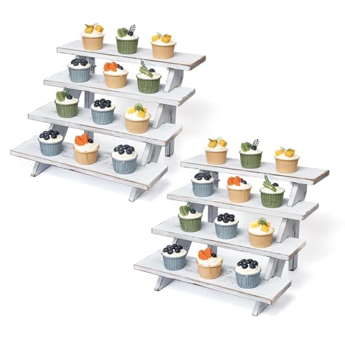 DAOYOUSKY 2Pcs Wooden Rustic Cupcake Stand for 24 Cupcakes, Stepped Wood Display Stand for Weddings, Tiered Party Table Display Riser for Food , Dessert, Cookie, Decor, Craft Show, White - color: White -2Pcs