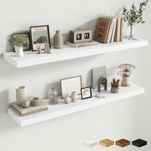 Fun Memories 48 Inch Floating Shelves for Wall - 10 Inch Deep Fireplace Mantel Shelf - Wood Floating Shelf for Wall - Large Storage Shelves Wall-Mount for Living Room & Bedroom - White - Set of 2 - color: Modern White, size: 48W x 10D x 1.5H