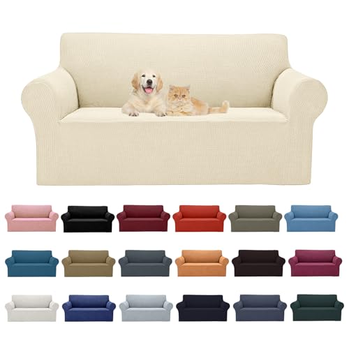 2025 New Stretch Loveseat Sofa Slipcovers Couch Cover for 2 Cushion Furniture Protector Sofa Covers with Elastic Bottom Small Checks for Pets, Kids - Beige - color: Beige, size: Loveseat