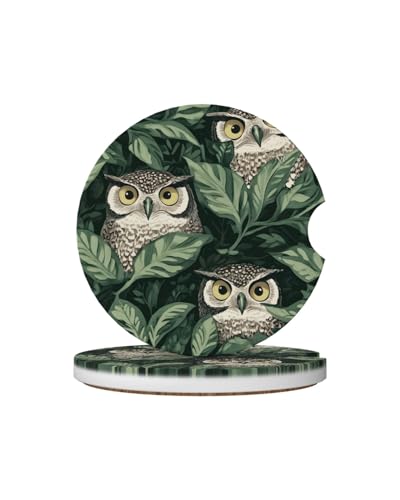 Car Cup Holder Coasters, 2 Pcs Ceramic Coasters with Finger Slot and Cork Back, Anti-Slip Shock Absorbing Women and Men Universal Car Accessories - Green Leaf Owl - color: Green Leaf Owl