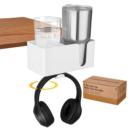 4-in-1 Clip On Desk Cup Holder, Fits up to 40oz cups - Mountable Holder with Adjustable Divider & 360° Rotating Hook - No Spill Clamp On Drink Holder Attachment - for Desk Chair Table Bed Tray - White - color: White - 4" W Dual Cup
