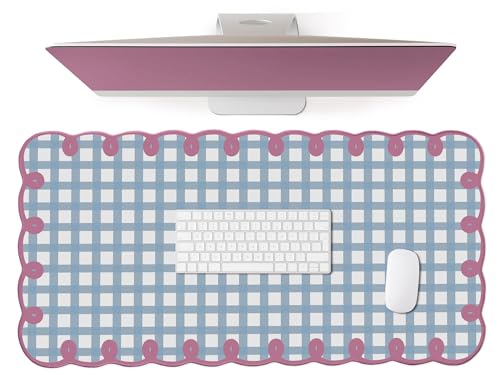 Cute Pink Blue Scalloped Desk Mat Pastel Checkered Large Mouse Pad Kawaii Aesthetic Retro Vintage Cottagecore Office Girl Desk Decor Stitched Pad for Computer Keyboard & Mouse 31 * 15.7in - color: A4- Blue