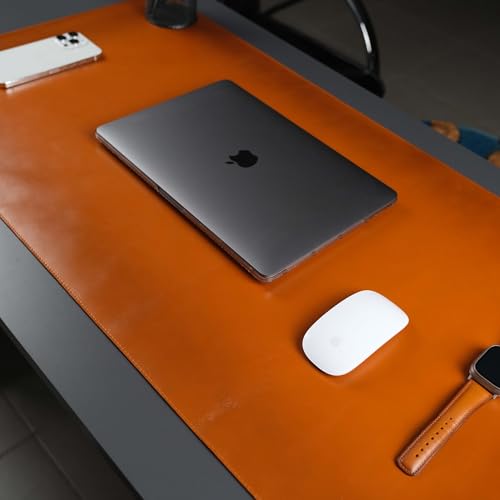 Jersey Genuine Calfskin Leather Desk Pad, Office Desk Mat with Non-Slip Bottom, Smooth Surface for Mouse & Keyboard, Desk Protector (36x19 inches) (Tan) - color: Tan