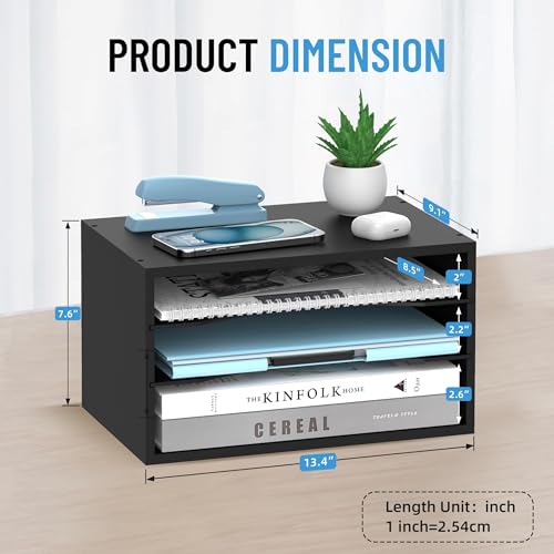 Wood Desk Organizer, 3 Tier Paper Tray Organizer for Desk with Adjustable Storage Shelves, Printer Stand Desktop File Organization Paper Sorter Mail Holder for Office Home Classroom, Black - color: Black, size: 3 Tier