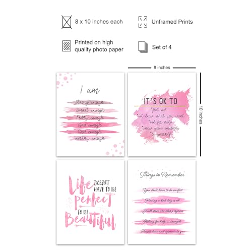 YELLOWBIRD ART & DESIGN Inspirational Quotes Wall Decor - Pink Motivational poster Set - Positive Affirmations Wall Art - Encouraging Gift for Women Girls - I Am - Inspiring Wall Art - UNFRAMED 8x10