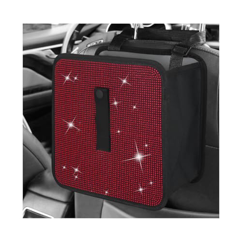 Car Foldable Trash Can, Bling Rhinestone Oxford Garbage Container Hanging Waterproof Organizer, Mini Crystal Dustbin Waste Basket Leakproof Trash Bin for Car Office Kitchen (Red) - color: Red