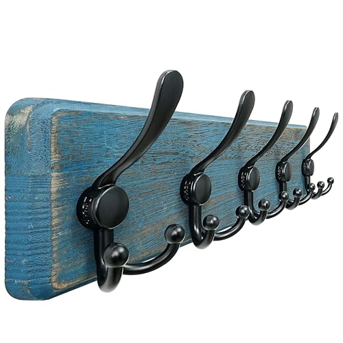 Dseap Coat Rack Wall Mount - Heavy-Duty Robust Barnwood-Style Wooden Wall Coat Hanger Hook Rail with 5 Triple Hooks for Winter Coats Hat Jacket Clothing, Weathered Blue & Black - color: Weathered Blue & Black, size: L=17.4"