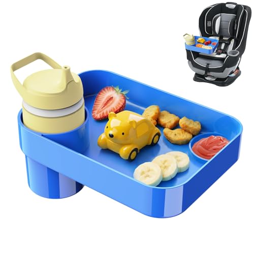 Car Seat Snack Tray for Toddlers - 3 Inch Cup Holder Fits Most Sippy Cups & Straw Bottles with Dip Well, Mess-Free Square Kids Travel Tray Road Trip Essentials, Blue - color: Blue