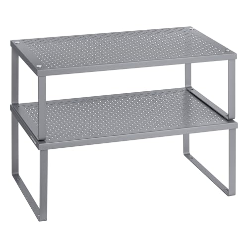 SONGMICS Spice Racks, Set of 2 Metal Cabinet Shelf Organizers, Countertop Organizers, Shelf Risers, Stackable, Expandable, Silver UKCS401G01 - color: Silver, size: 9"D x 15.7"W x 6.1"H + 8.6"D x 15.7"W x 5.4"H