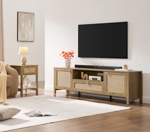 SICOTAS Rattan TV Stand for Living Room, 69" Boho TV Console Cabinet with Drawer & Adjustable Shelves, Large Entertainment Center with Storage for 55/65/75 Inch TVs