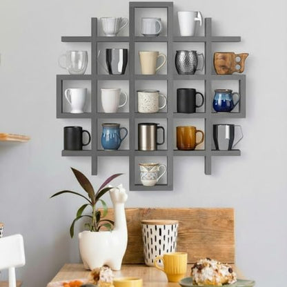Suzile Oversize Coffee Mug Display Rack Wooden Display Shelves Rustic Wooden Floating Curio Shelf Travel Wall Mounted Coffee Mug Rack Holder Shadow Box Shelf (Grid Size 5.1x5.1x3in,Grey) - color: Grey