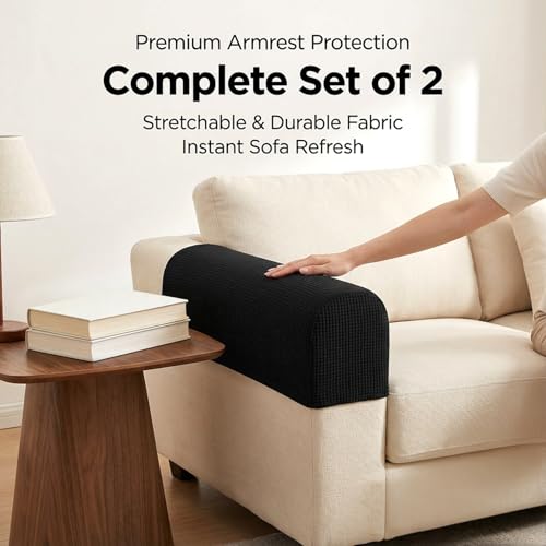 RAINFLOW Stretch Armrest Covers for Sofa - Couch Arm Covers for Recliner, Anti-Slip Furniture Protector for Dogs, Cats, Kids – Soft, Durable, Machine Washable (Black, Set of 2)