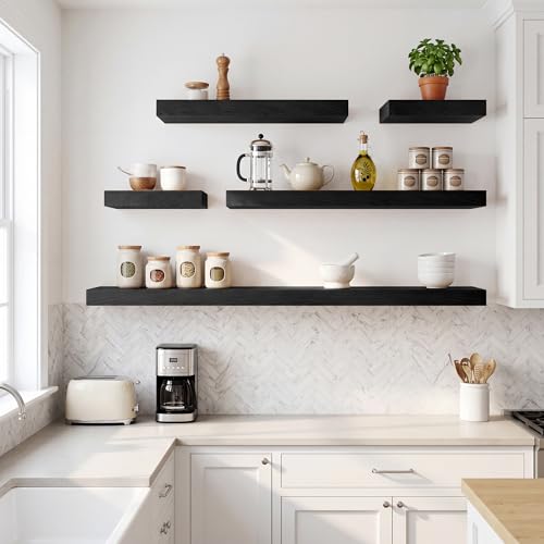 RICHFOCUS 28Inch Floating Shelves for Wall 2 Pack Shelves for Bedroom|Kitchen|Bathroom|Laundry Room Rustic Wood Wall Mounted Shelf with Invisible Brackets for Books|Storage|Decor, Black - color: Black, size: 28"L x 8"D, Set of 2