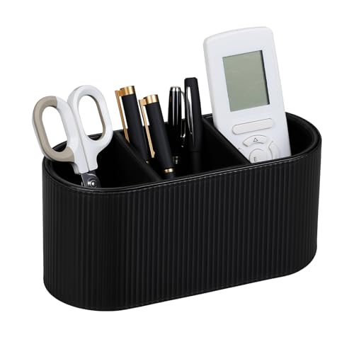 Aesthetic Remote Control Holder, PU Leather Pen Holder for Desk with 3 Compartments for Home Office Supplies and Accessories, Stylish Bedside Remote Holder Nightstand Desktop Organizer (Black) - color: Black