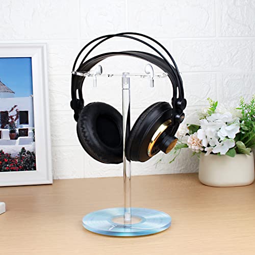 Clear Acrylic Headphone Stand with Patterned Base – Universal Holder for AirPods Max, Gaming & Wireless Headphones – Space-Saving Desk Organizer for Home & Gaming Setup (Blue Record/LP) - style: Blue Record/LP