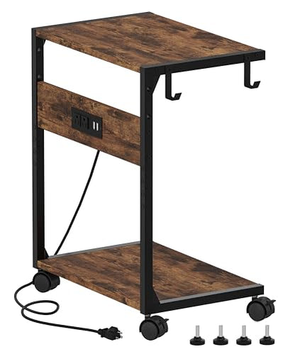 Akxomel 2 Tier Computer Tower Stand with Charging Station, 11.8" D x 16.5" W Rolling Floor PC Tower Stand Fits Under Desk, CPU Holder Cart for Carpet with Hooks, C Shaped End Table for Home Office - color: Rustic Brown