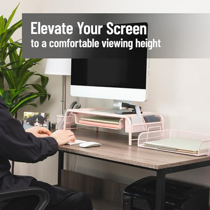 Mind Reader Monitor Stand, Ventilated Laptop Riser, Paper Tray, Storage, Office, Metal Mesh, 20"L x 11.5"W x 5.5"H, Pink - color: Pink