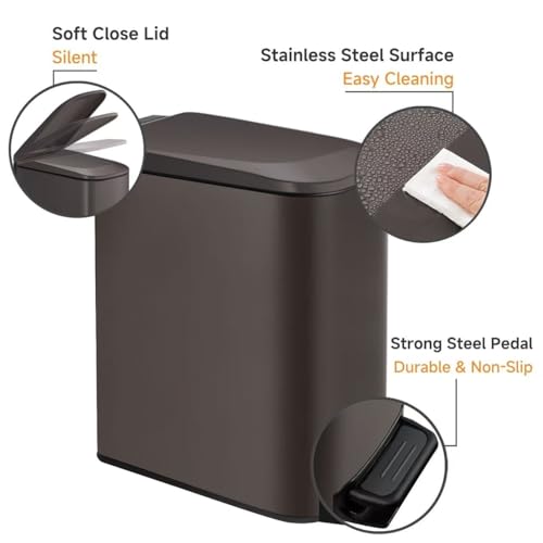 TIPGO Slim Bathroom Trash Can with Lid Soft Close, Step Pedal, 6 Liter / 1.6 Gallon Stainless Steel Trash Bin, Small Garbage Cans for Bedroom, Office, Kitchen (Brown) - color: Brown