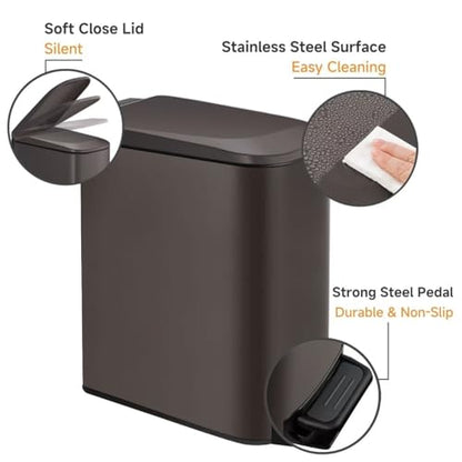 TIPGO Slim Bathroom Trash Can with Lid Soft Close, Step Pedal, 6 Liter / 1.6 Gallon Stainless Steel Trash Bin, Small Garbage Cans for Bedroom, Office, Kitchen (Brown) - color: Brown