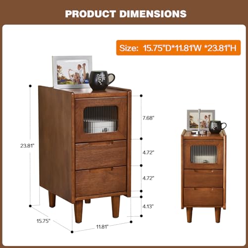 Narrow Nightstand 2 Drawers & Glass Door Cabinet with Open Shelf Narrow Night Stand Solid Wood Bedside Table Mid Century Modern Nightstand Wooden End Table for Bedroom, Living Room, Study, Office - size: 11.81"W × 15.75"D × 23.81"H