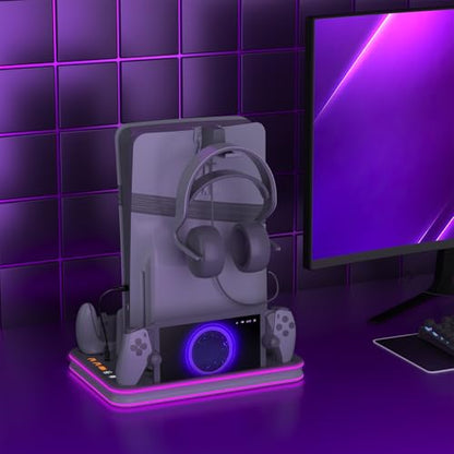 Charger Dock Compatible with PS Portal and Controller, PS5 Pro Stand and Cooling Station with RGB LED Charging Dock, PS5 Edge Controller and Headset and Remote Holders - Grey - color: Gray