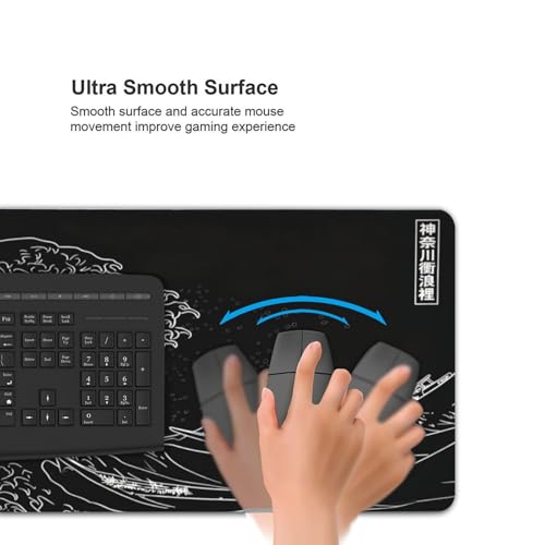 Japanese Gaming Mouse Pad XXL Black Mouse Pad Kanagawa Large Mousepad Non-Slip Rubber Base Waterproof with Stitched Edges for Gaming Office Home, 35.4x15.7x0.12 Inch (Black Wave) - color: Kanagawa Wave, size: 35.4Lx15.7W inches