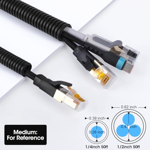Wire Loom 1/4", 1/2 Inch x 50 FT, Split Wire Loom Tubing Wire Conduit, Cable Sleeves Bulk Flexible Electrical Conduit Protective kit – Black - color: 1/4", 1/2 Inch x 50 FT